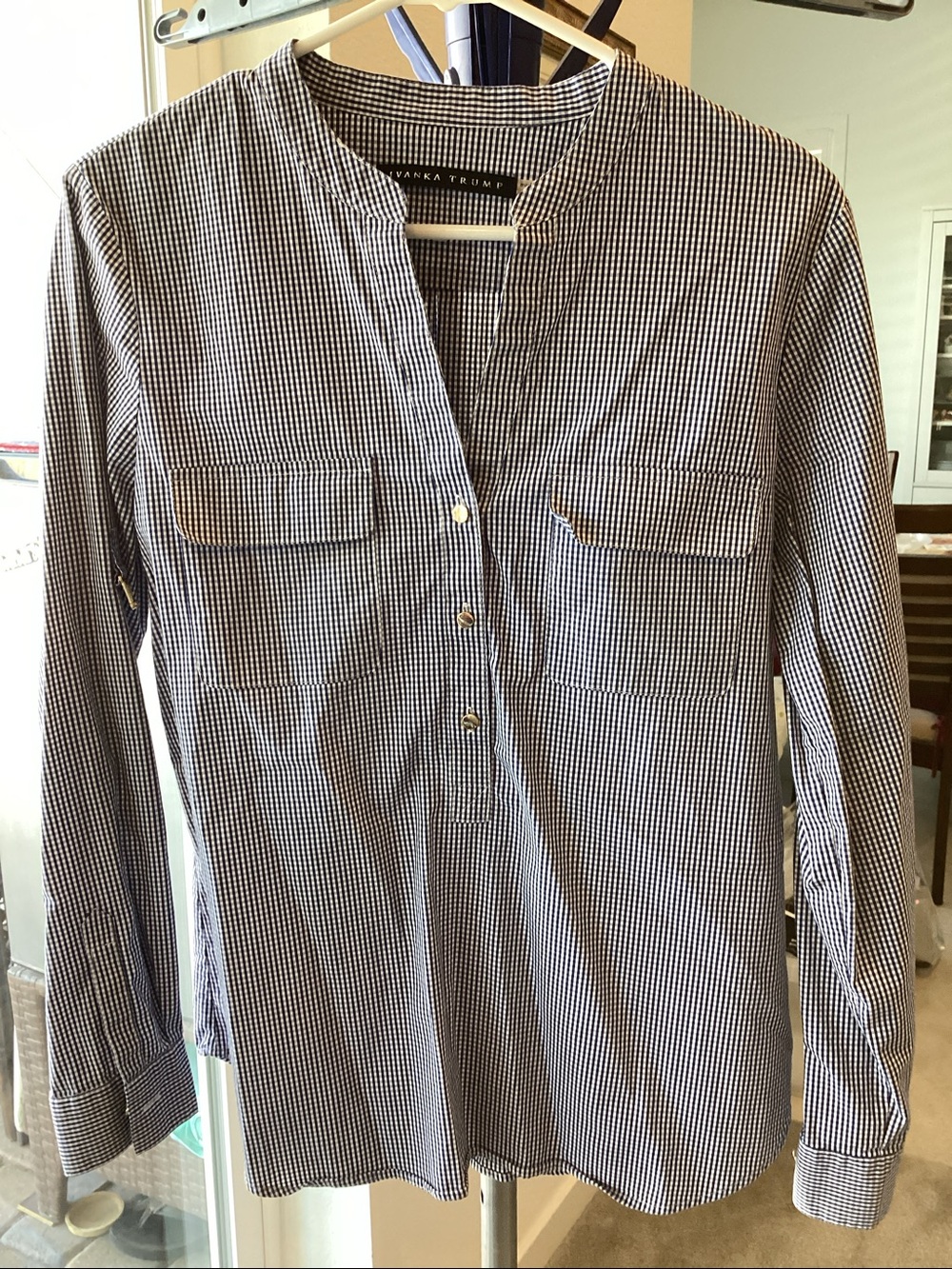 Ivanka Trump Navy and White Gingham Shirt Blouse
